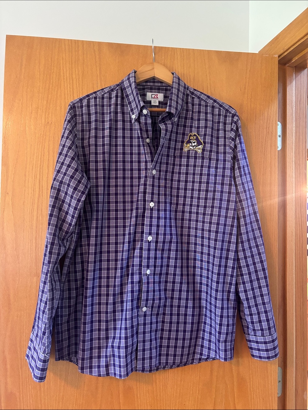 Men's Purple Plaid Button-Down Shirt with Embroidered Patch